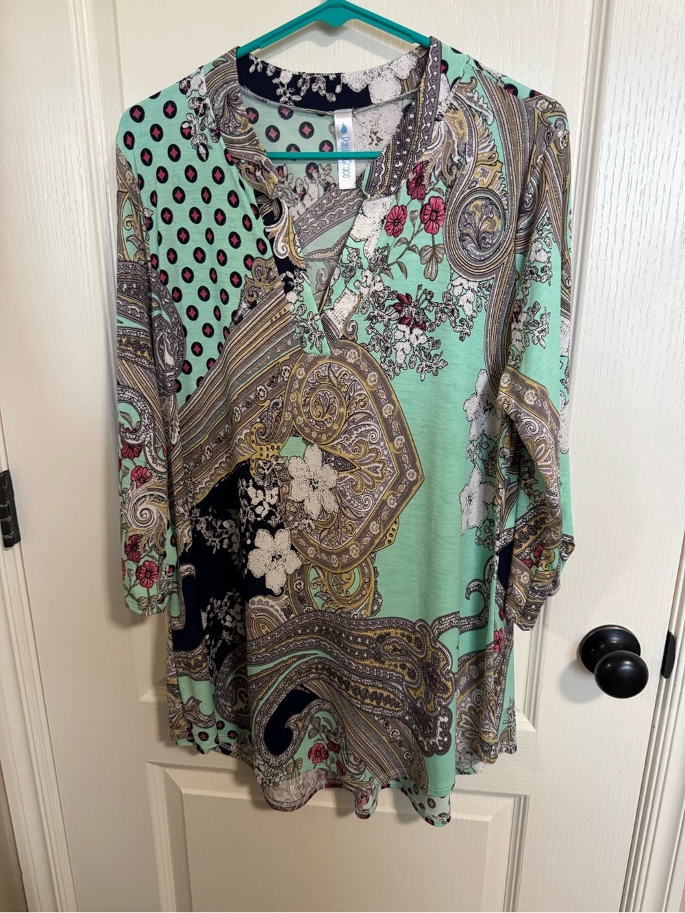Paisley Grace Mixed Print Paisley Floral Tunic Top Mint Green Boho